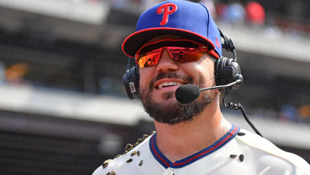 Aug 6, 2023; Philadelphia, Pennsylvania, USA; Philadelphia Phillies left fielder Kyle Schwarber (12) during postgame interview after win against the Kansas City Royals at Citizens Bank Park. Mandatory Credit: Eric Hartline-USA TODAY Sports  